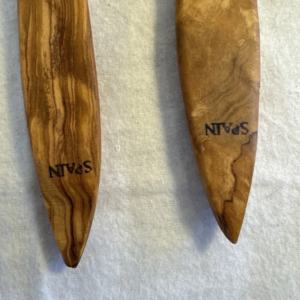 Vtg Olive Wood Salad Server Set - 12 Inch Wooden Tongs - Rustic Made In Spain